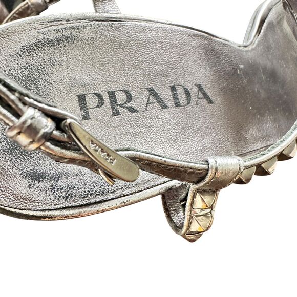 Prada 38 Patent Leather T-Strap Silver Studded crystals Accents Block Sandals - Picture 8 of 15